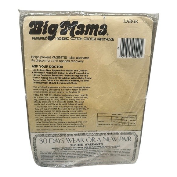 Big Mama Vintage 1977 Pantyhose 9044-L Beigetone Large NIP 165-220lbs - Picture 2 of 2